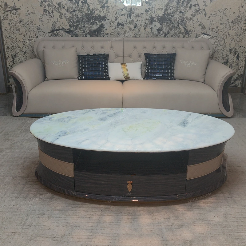 Oval Pale Green Marble Coffee Table with Cream Leather Band and Dark Glossy Wood